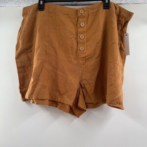 Abound Linen Blend Shorts High Waist Button‎ Front Casual Brown 1X